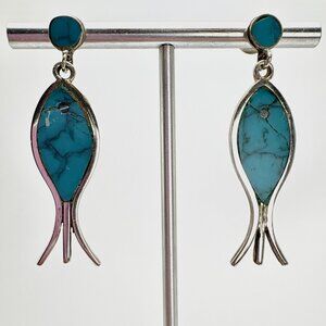 VTG Sterling Silver 925 Turquoise Bezel Set Dangle Earrings Size 1.75" Length